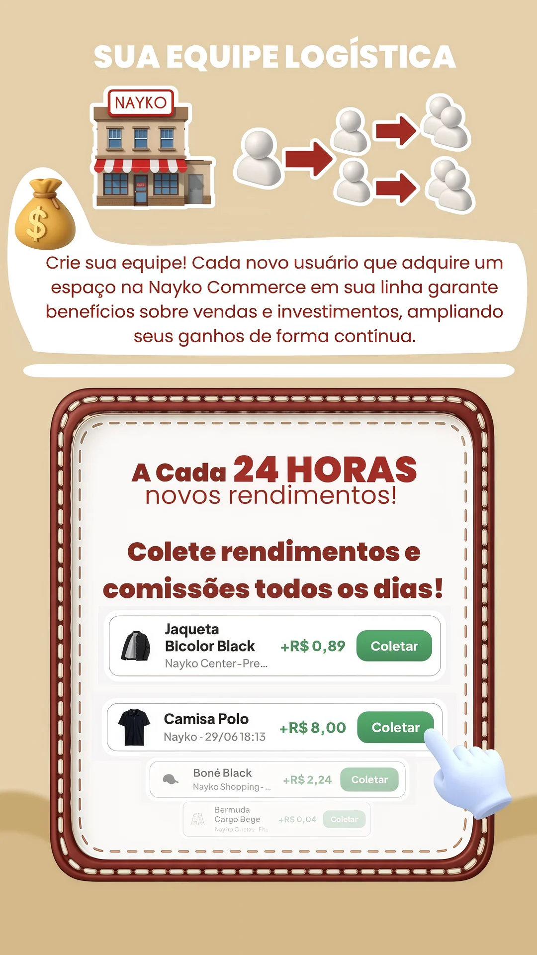 Sua equipe logística — rendimentos a cada 24h